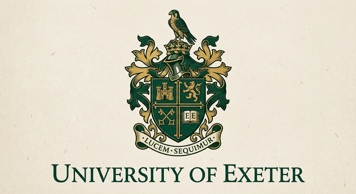 University of Exeter official logo, dark green shield crest with motto and university name in serif font