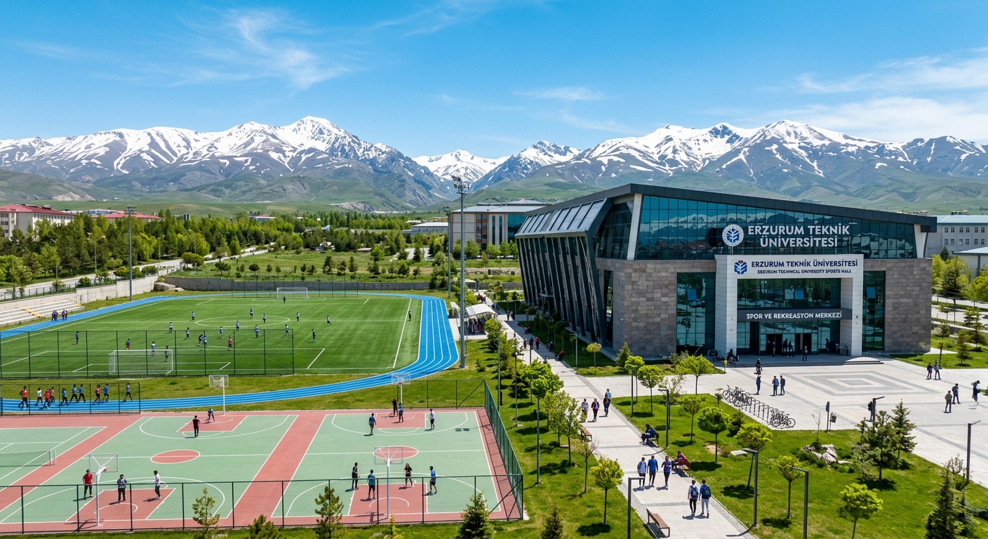 Erzurum Technical University campus sports hall and outdoor recreation area, modern sports facility surrounded by mountain scenery, clear sky