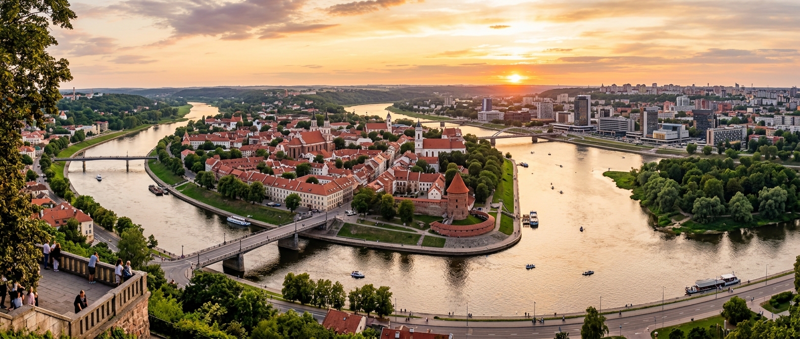 Panoramic view of Kaunas city from Aleksotas Hill, confluence of Nemunas and Neris rivers, red-roofed Old Town buildings, church spires, green parks, modernist architecture in the background, golden hour light