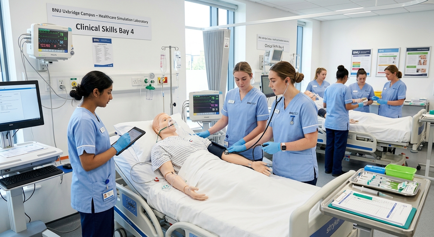 BNU Uxbridge campus, healthcare simulation laboratory with nursing students practising clinical skills, modern medical equipment, bright clinical environment