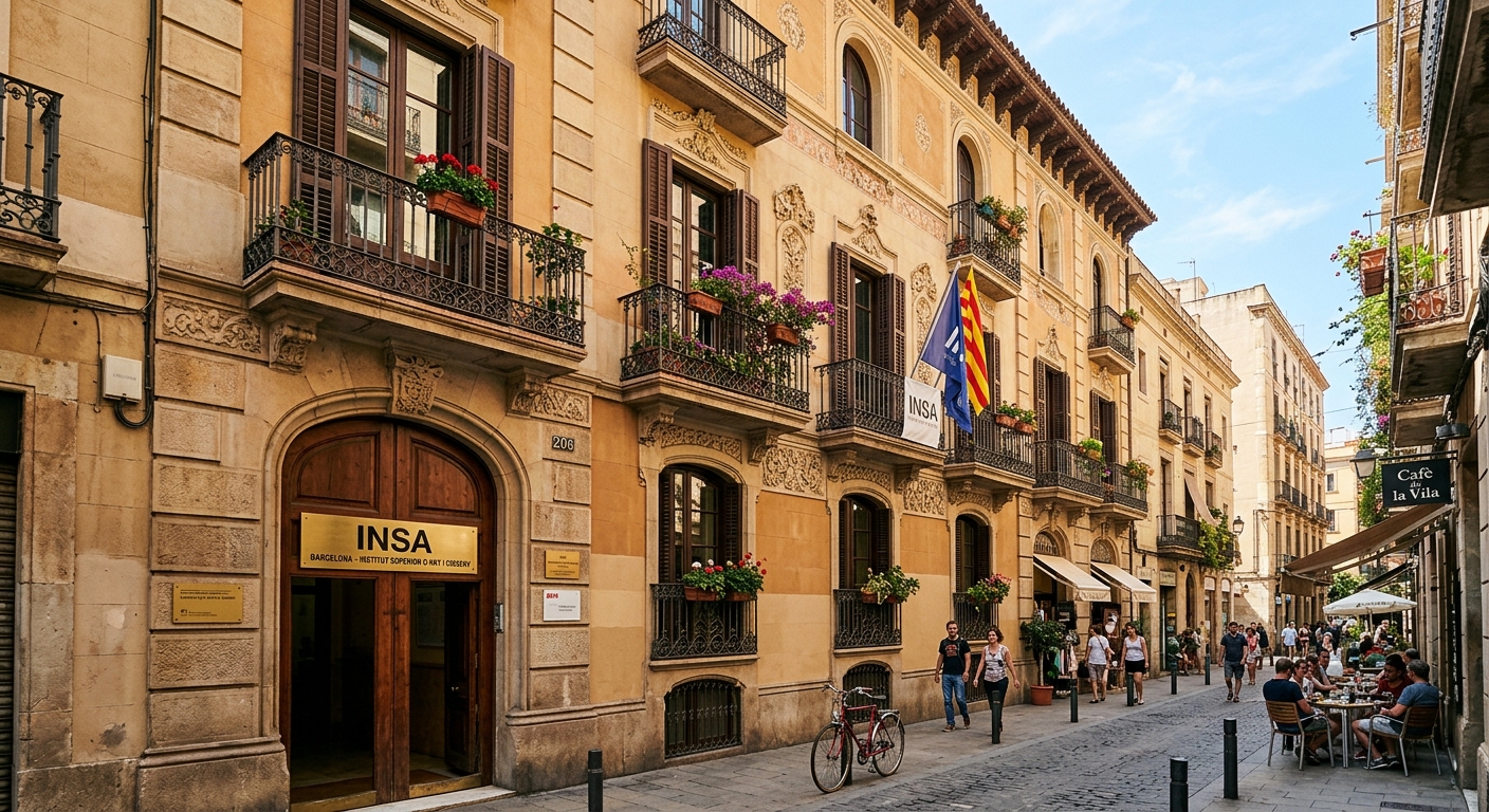 INSA Barcelona historic building exterior on Torrent de l'Olla street, 19th century architecture with ornate balconies, Gracia district, sunny Mediterranean day