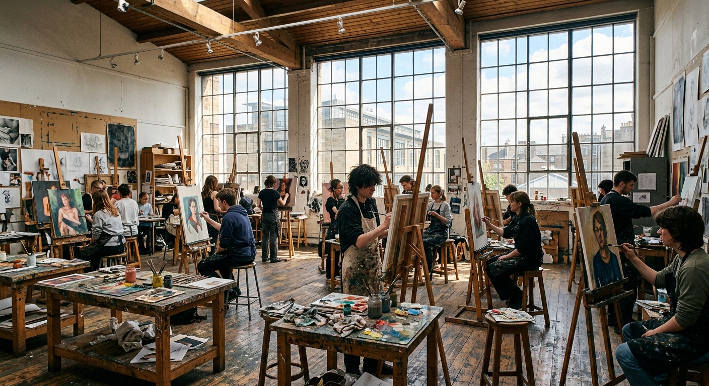 Interior of GSA fine art studio with large windows, students working at easels, paint-splattered workbenches, natural light flooding the space