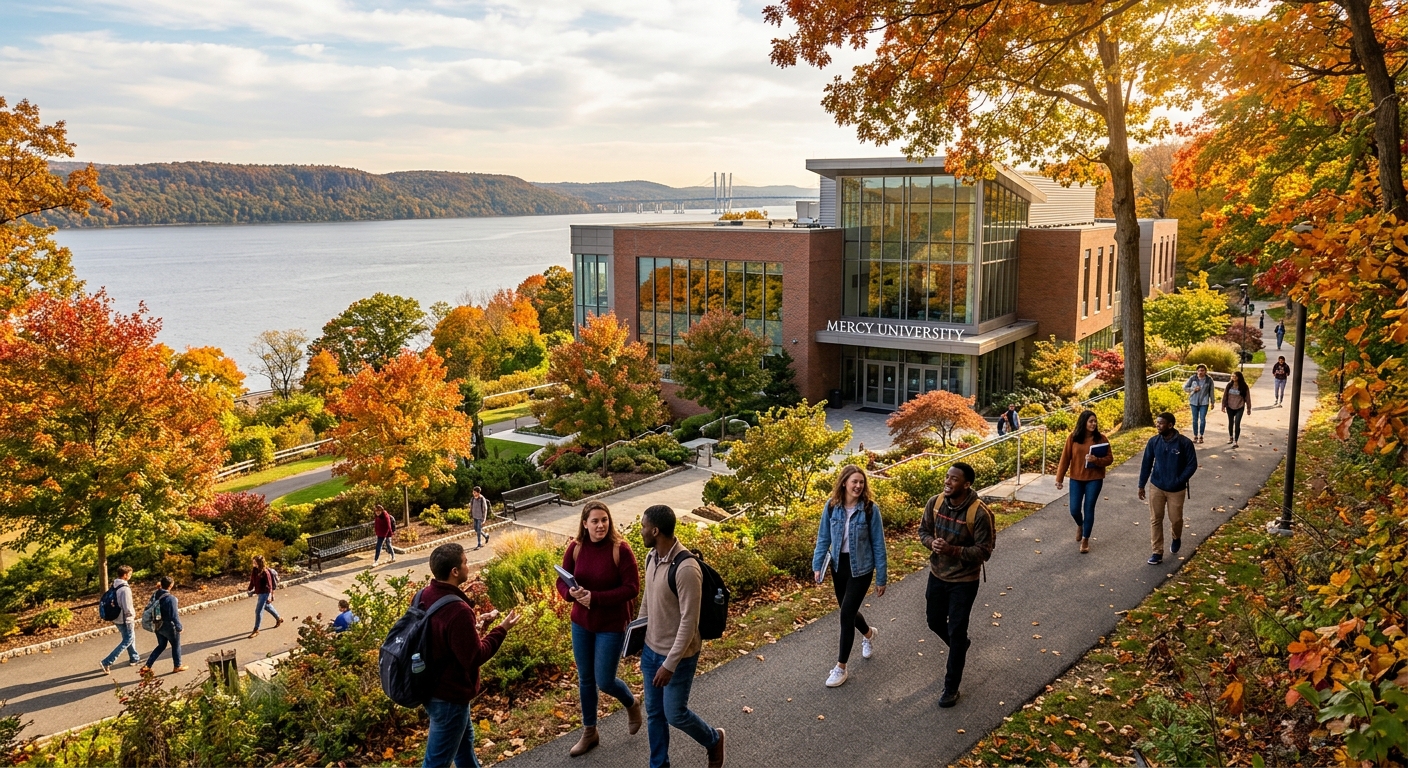 Mercy University campus in Dobbs Ferry New York, modern education building surrounded by green trees along the Hudson River, students walking on pathways, warm sunlight filtering through autumn foliage