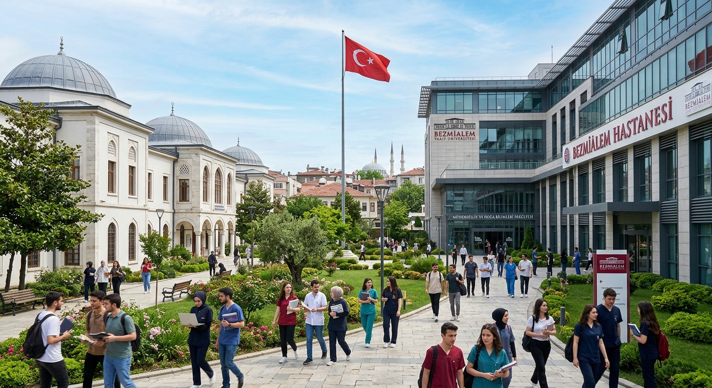 Modern healthcare campus of Bezmialem Vakıf University in Istanbul Fatih district, historic stone buildings alongside contemporary medical facilities, students walking through green courtyard, Turkish flag visible