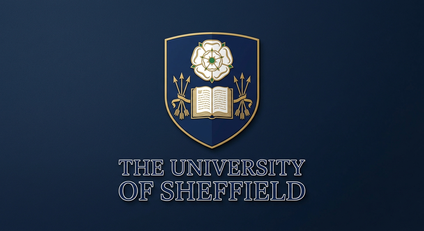 University of Sheffield official logo featuring a shield crest with white rose of Yorkshire, open book, and arrows on a dark blue background