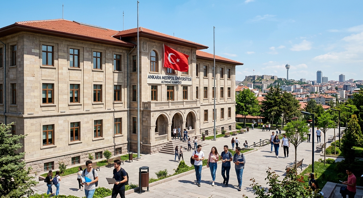 Ankara Medipol University historic main campus building in Altındağ district, early Republican-era architecture with stone facade, Turkish flag, students walking through courtyard, clear blue sky over Ankara cityscape