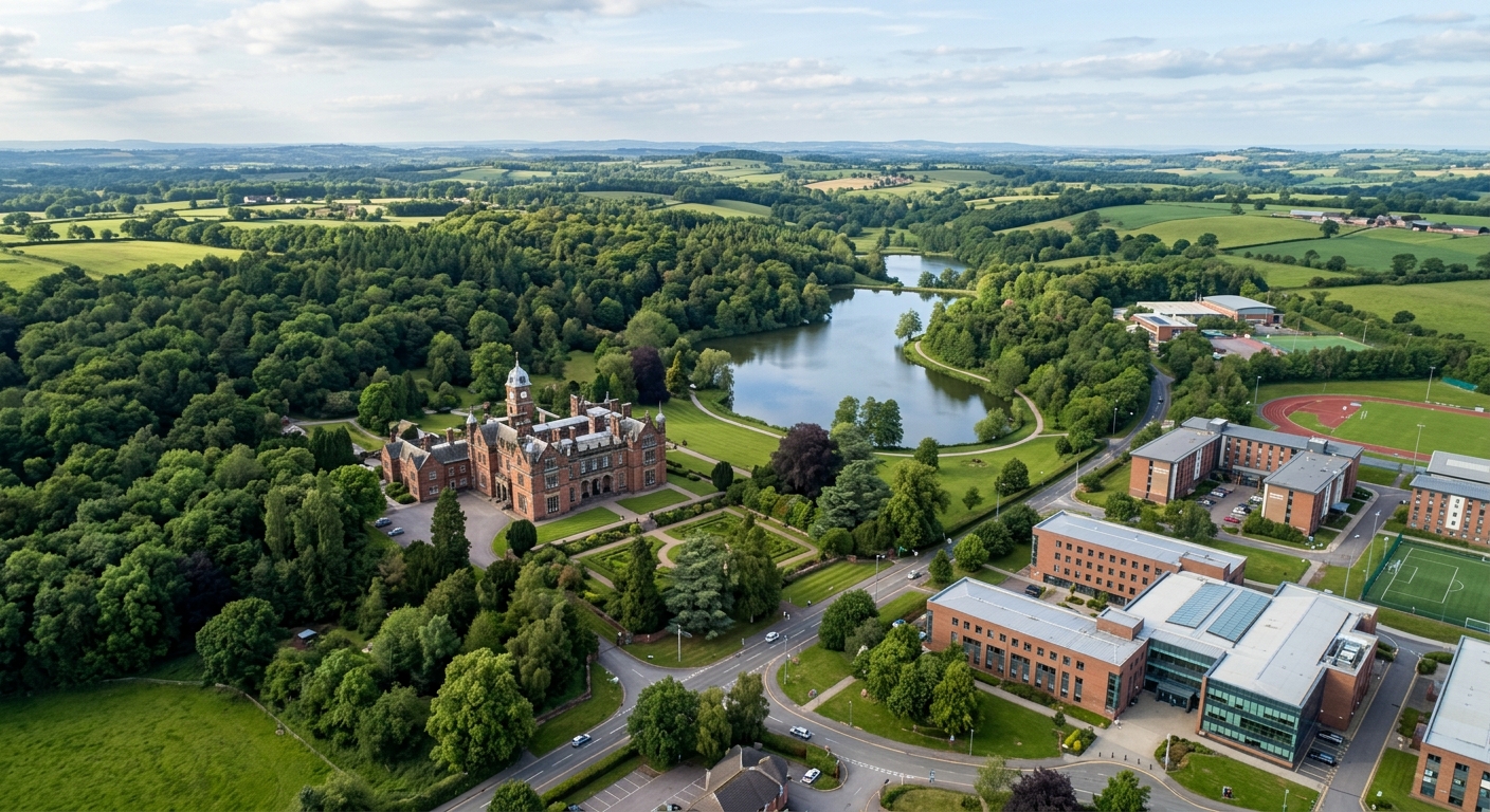 Keele University wide campus view showing the historic Keele Hall surrounded by 600 acres of green Staffordshire countryside, woodlands, lakes, and modern academic buildings under soft English daylight