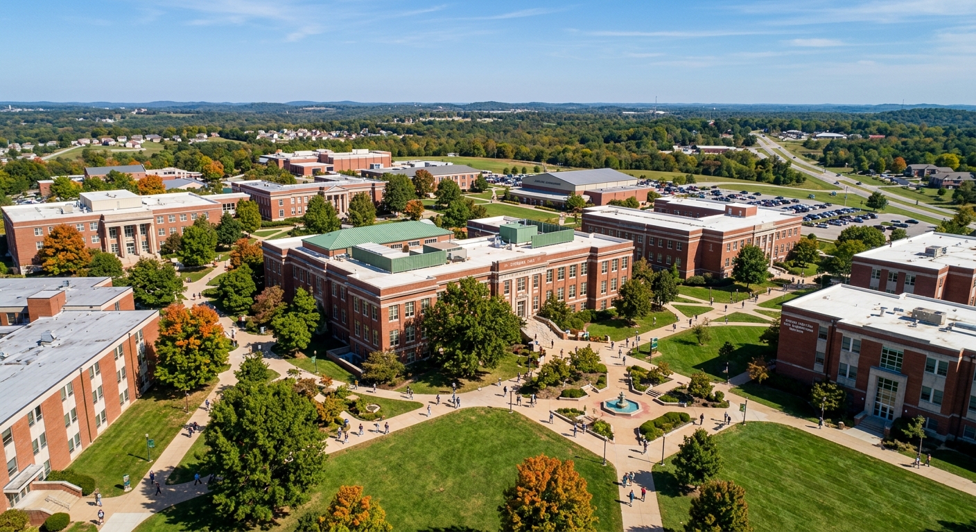 Aerial view of Missouri S&T campus in Rolla, Missouri with Schrenk Hall biological sciences building, green lawns, and students walking between red-brick academic buildings under a clear blue sky