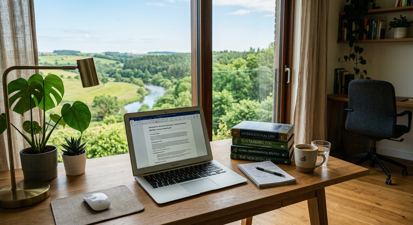 Modern digital workspace with a laptop displaying environmental law documents, green natural landscape visible through a window, books on international law and sustainability on the desk, warm natural lighting