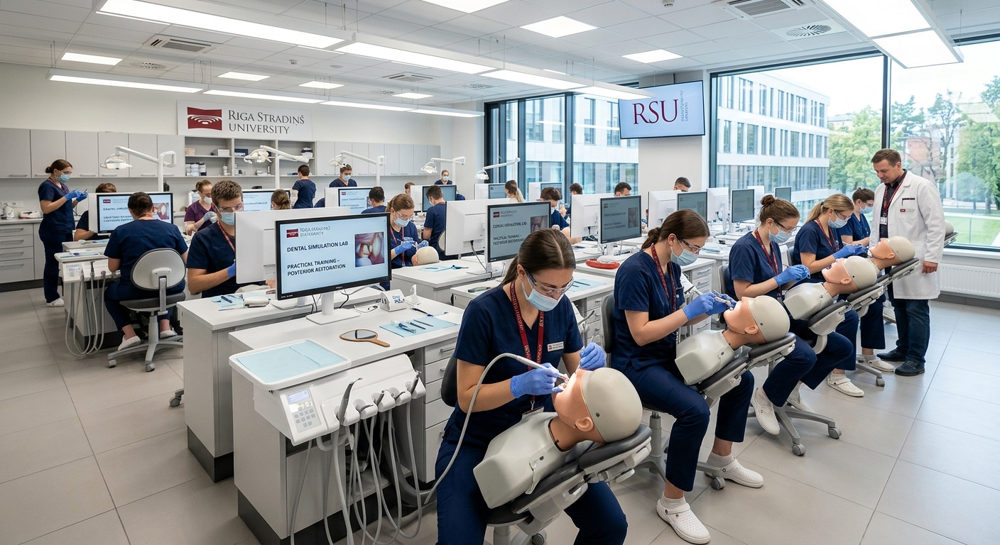 Modern dental simulation laboratory at Riga Stradiņš University with students practicing on mannequins, bright overhead lighting, clinical equipment and digital screens visible, contemporary medical education setting in Riga Latvia
