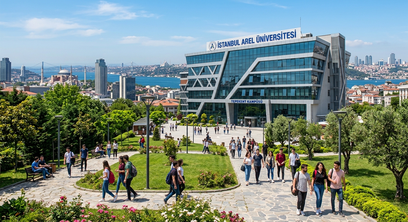 Modern university campus building at Istanbul Arel University with green landscaping, students walking along pathways, contemporary glass and steel architecture against a clear Istanbul skyline