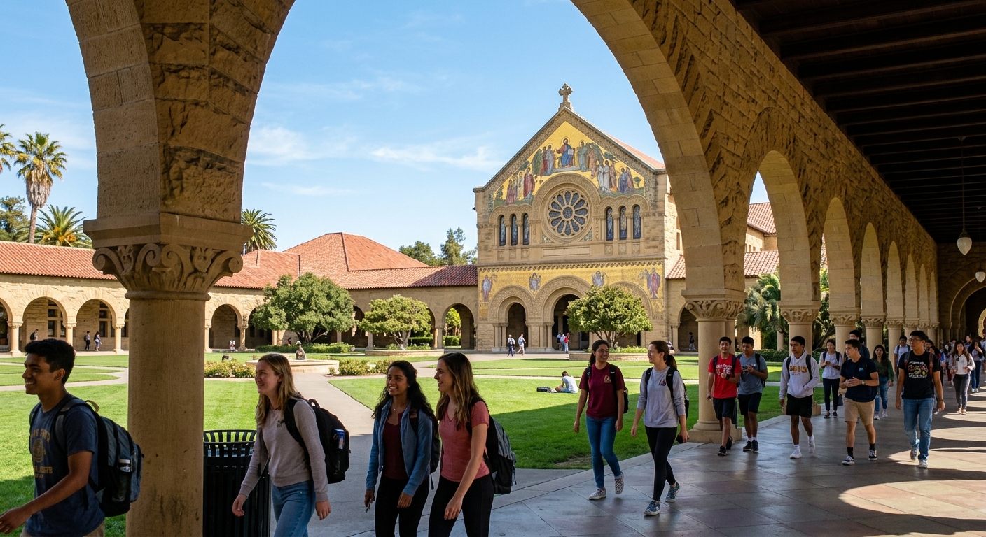 Stanford University Main Quad with sandstone arches, red tile roofs, Memorial Church facade with golden mosaics, students walking through covered arcades, sunny California weather