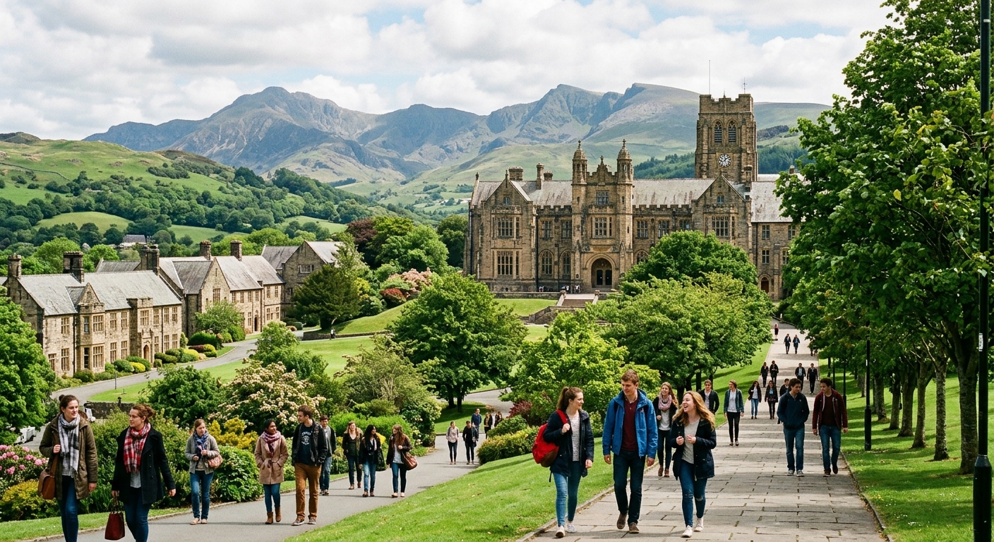 Historic Bangor University campus with stone buildings surrounded by lush green hills, mountains of Snowdonia visible in the background, students walking along tree-lined paths in North Wales