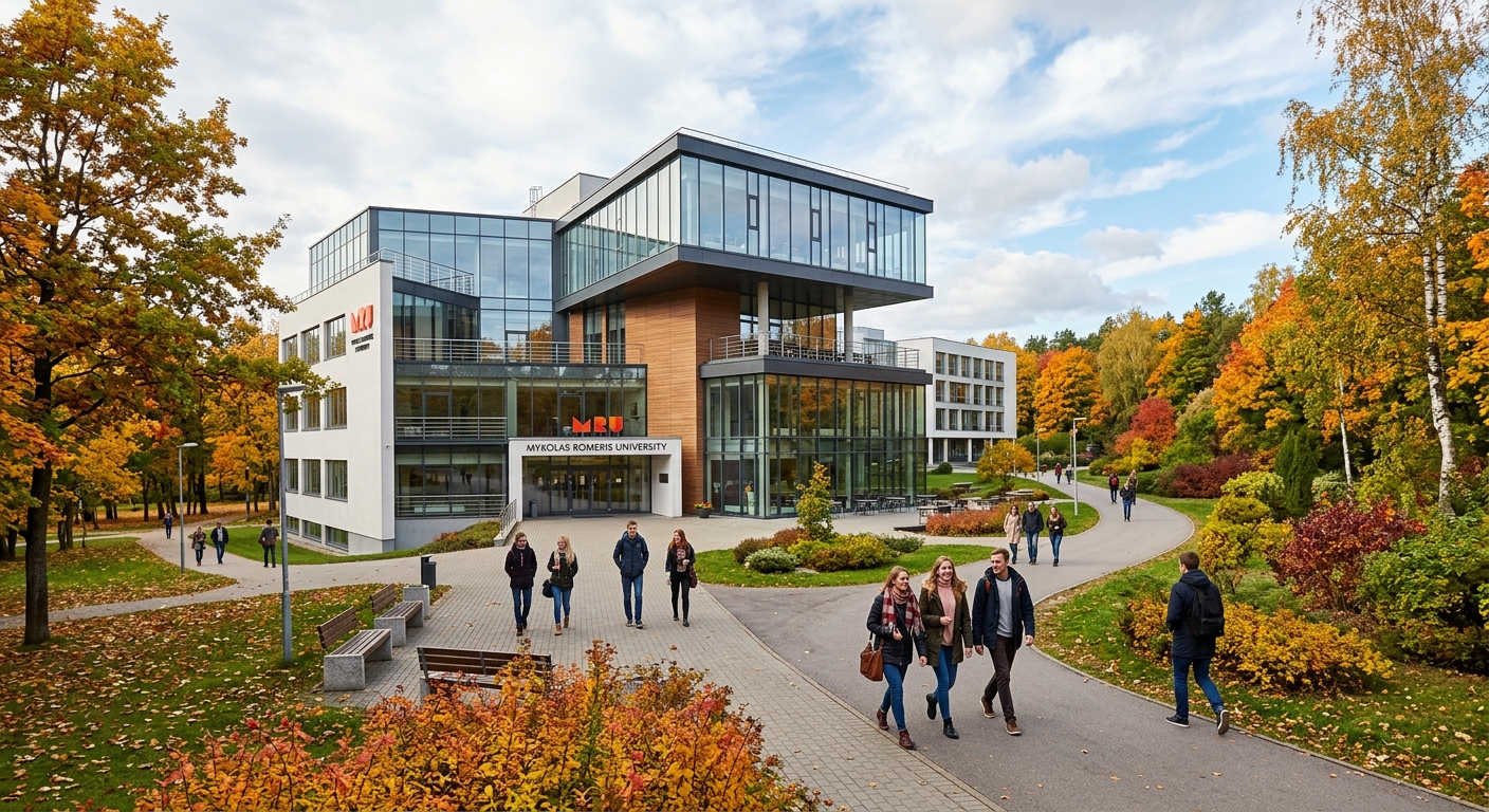 Mykolas Romeris University modern campus building surrounded by green park in Vilnius, Lithuania, contemporary architecture with glass facades, students walking along pathways, autumn trees