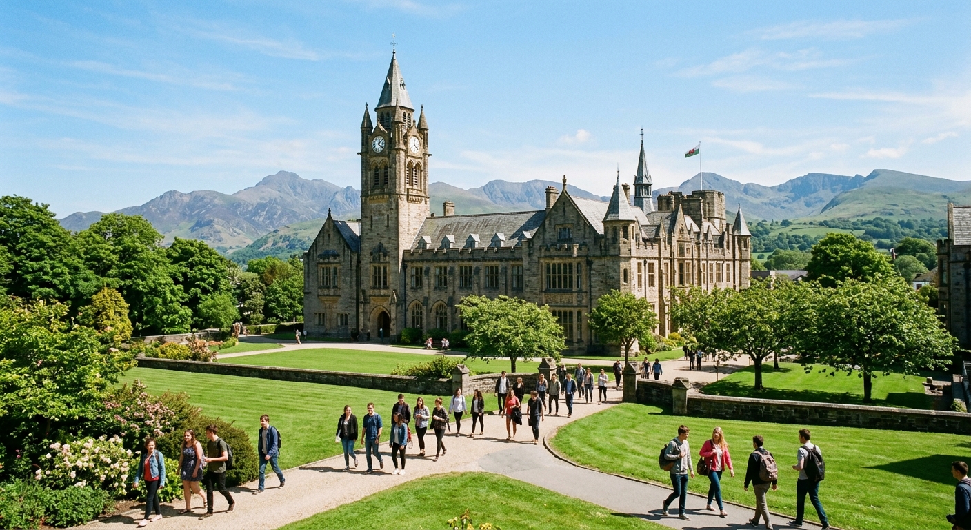 Bangor University historic main arts building with clock tower surrounded by green lawns, mountains of Snowdonia visible in background, students walking along pathways under clear sky in North Wales
