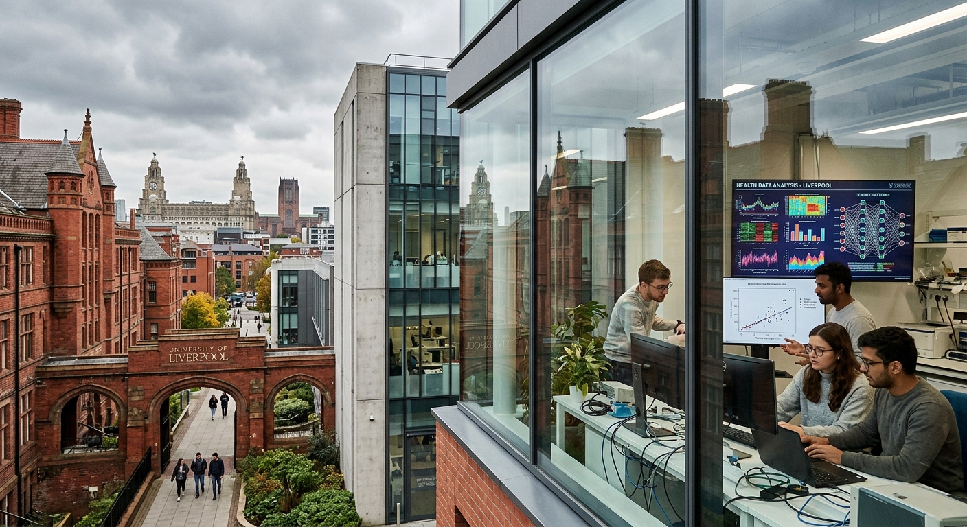 University of Liverpool red brick Victorian campus buildings with modern research facilities, postgraduate researchers working with health data visualizations on screens, Liverpool city skyline in background, overcast British sky