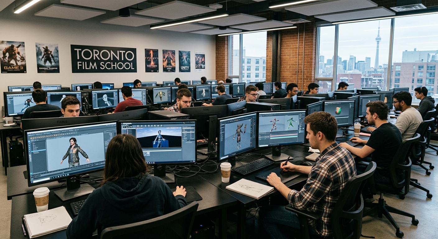 Toronto Film School computer lab with rows of high-end workstations, students working on video game design and animation projects, dual monitors displaying 3D models