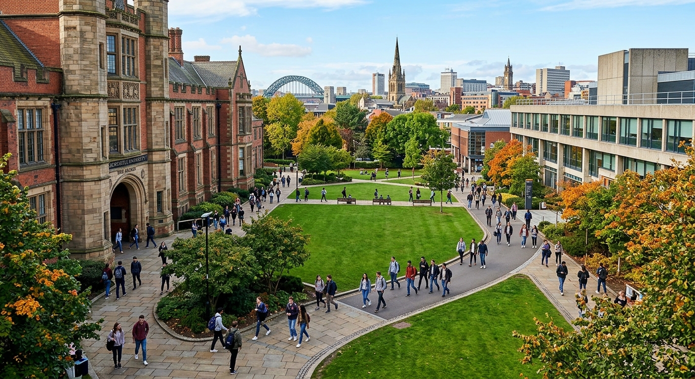 Newcastle University campus with the iconic Arches building and green quadrangle, students walking between modern and historic architecture in Newcastle upon Tyne, England, with city skyline in background