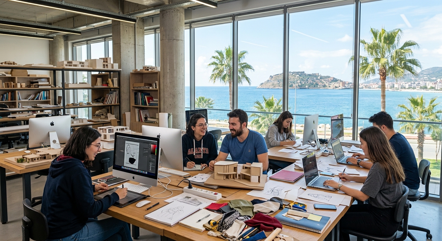 Modern university campus in Alanya, Turkey with Mediterranean Sea views, students working on design projects in a bright studio space with computers and creative materials, palm trees visible through large windows