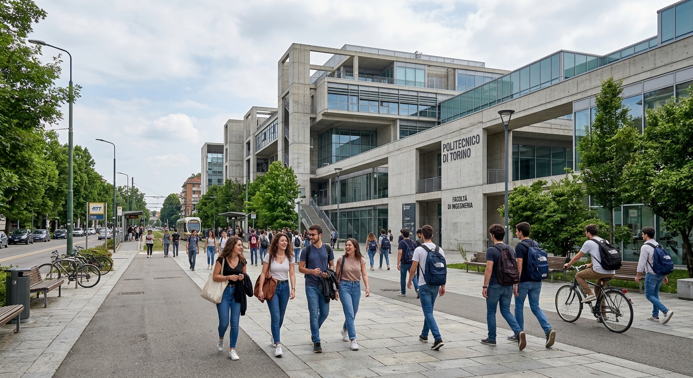 Politecnico di Torino main engineering campus, Corso Duca degli Abruzzi, modern concrete and glass academic buildings, wide pedestrian walkways, students with backpacks
