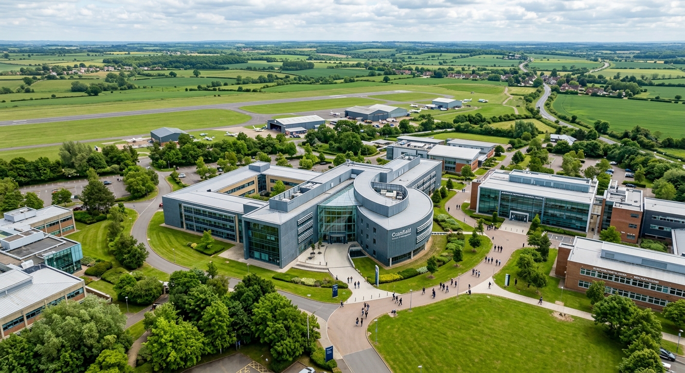 Cranfield University campus aerial view showing modern School of Management building surrounded by green Bedfordshire countryside, with postgraduate students walking along pathways between academic buildings