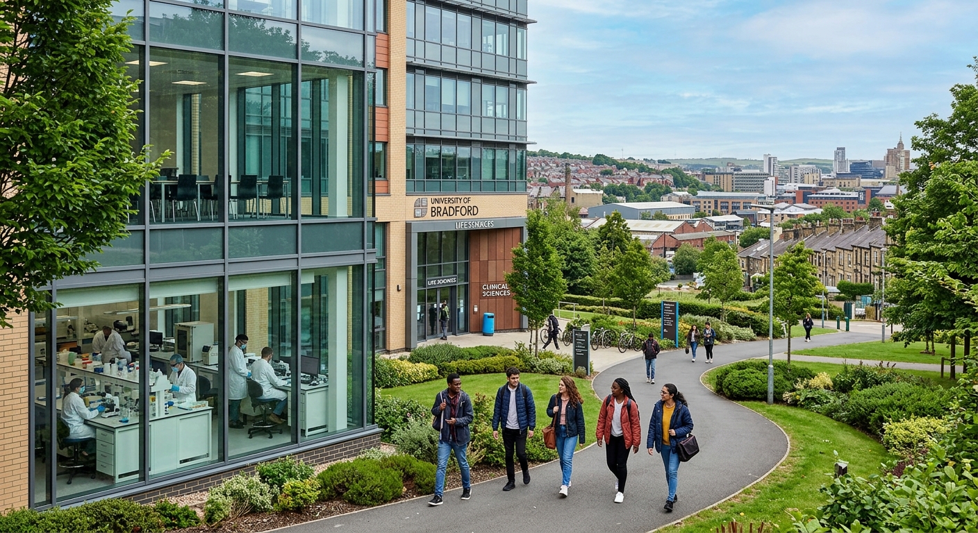 University of Bradford campus with modern life sciences building, students walking through green pathways, clinical sciences laboratory visible through glass windows, West Yorkshire urban backdrop
