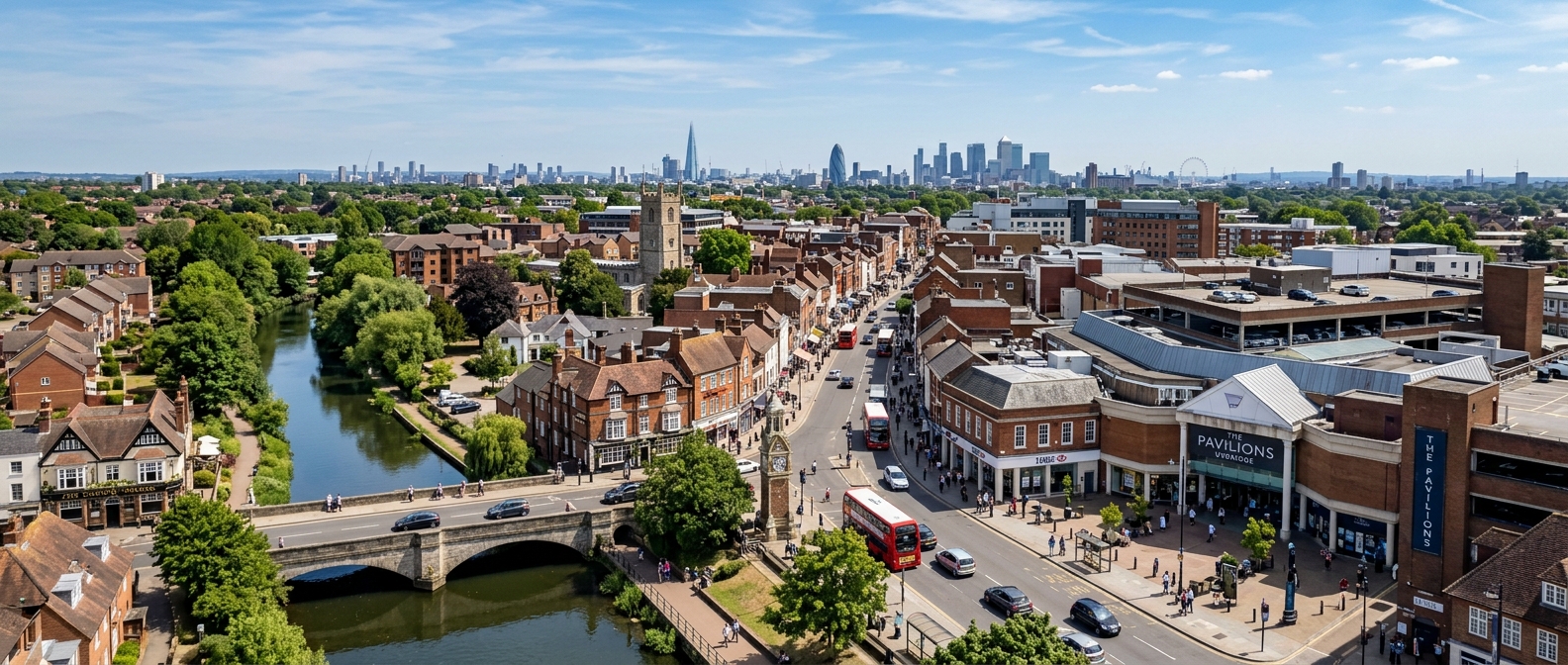 Panoramic view of Uxbridge town centre with the River Colne, historic high street, and The Pavilions shopping centre with Greater London skyline in the distance