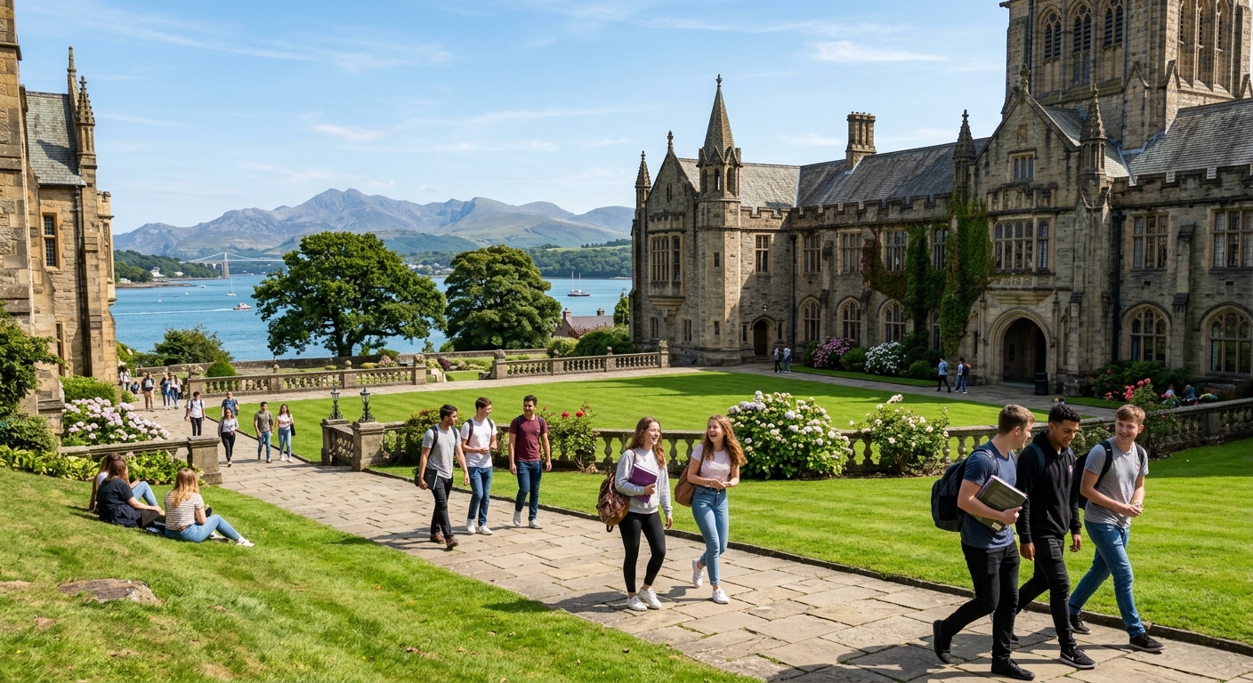 Historic Bangor University campus with Gothic stone buildings set against the backdrop of Snowdonia mountains and the Menai Strait, students walking through green courtyards on a sunny day in North Wales