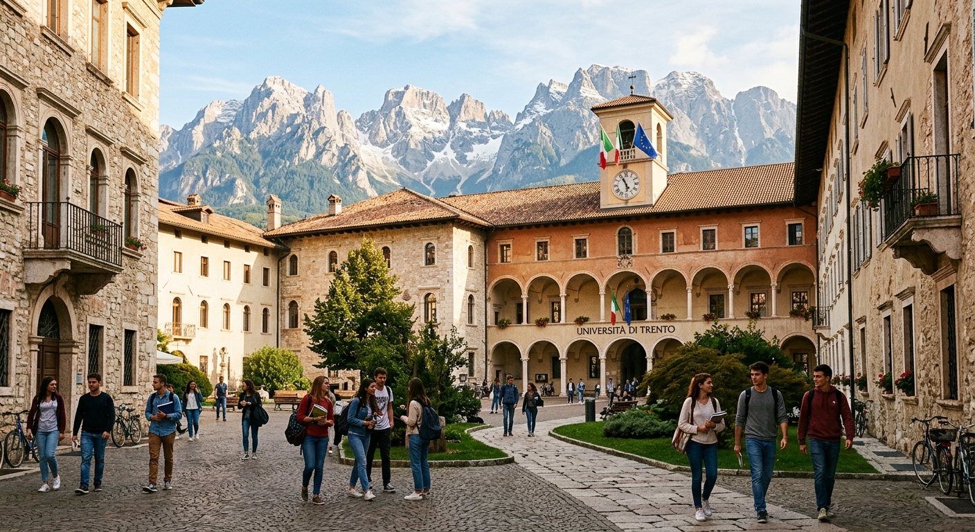 University of Trento campus in the Dolomites region of northern Italy, historic buildings with Alpine mountain backdrop, students walking through courtyard, warm sunlight on stone architecture