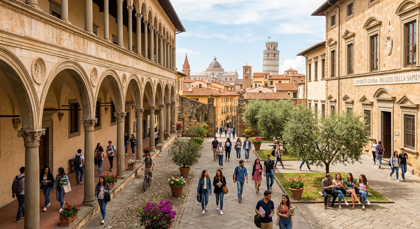 Historic Italian university campus in Pisa with elegant stone buildings and arched corridors, students walking through a sunlit courtyard, Mediterranean architecture with terracotta rooftops visible in the background