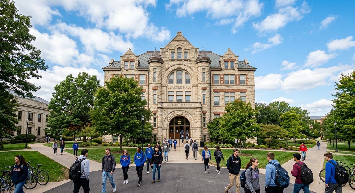 University of Kansas Learned Hall engineering building exterior with limestone architecture, students walking on campus paths, green lawns and mature trees, blue Kansas sky with scattered clouds