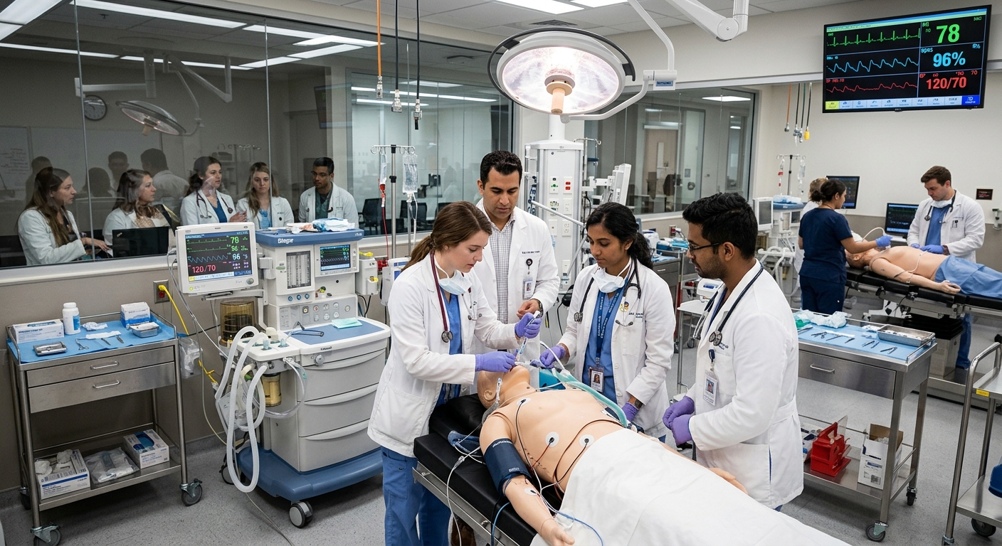 Advanced medical simulation center interior with high-fidelity mannequins, operating theatre equipment, and students in white coats practicing clinical procedures
