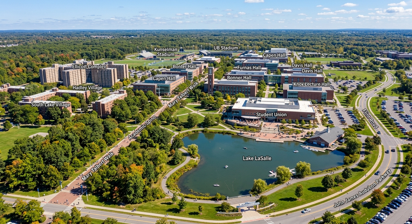 University at Buffalo North Campus aerial view showing modern academic buildings, Lake LaSalle, student union, green spaces, and residence halls under blue sky