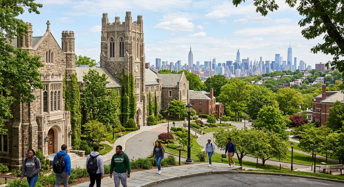 Manhattan University campus in Riverdale, Bronx, New York, with historic Gothic-style buildings surrounded by green trees, students walking on pathways, with views of the city skyline in the background