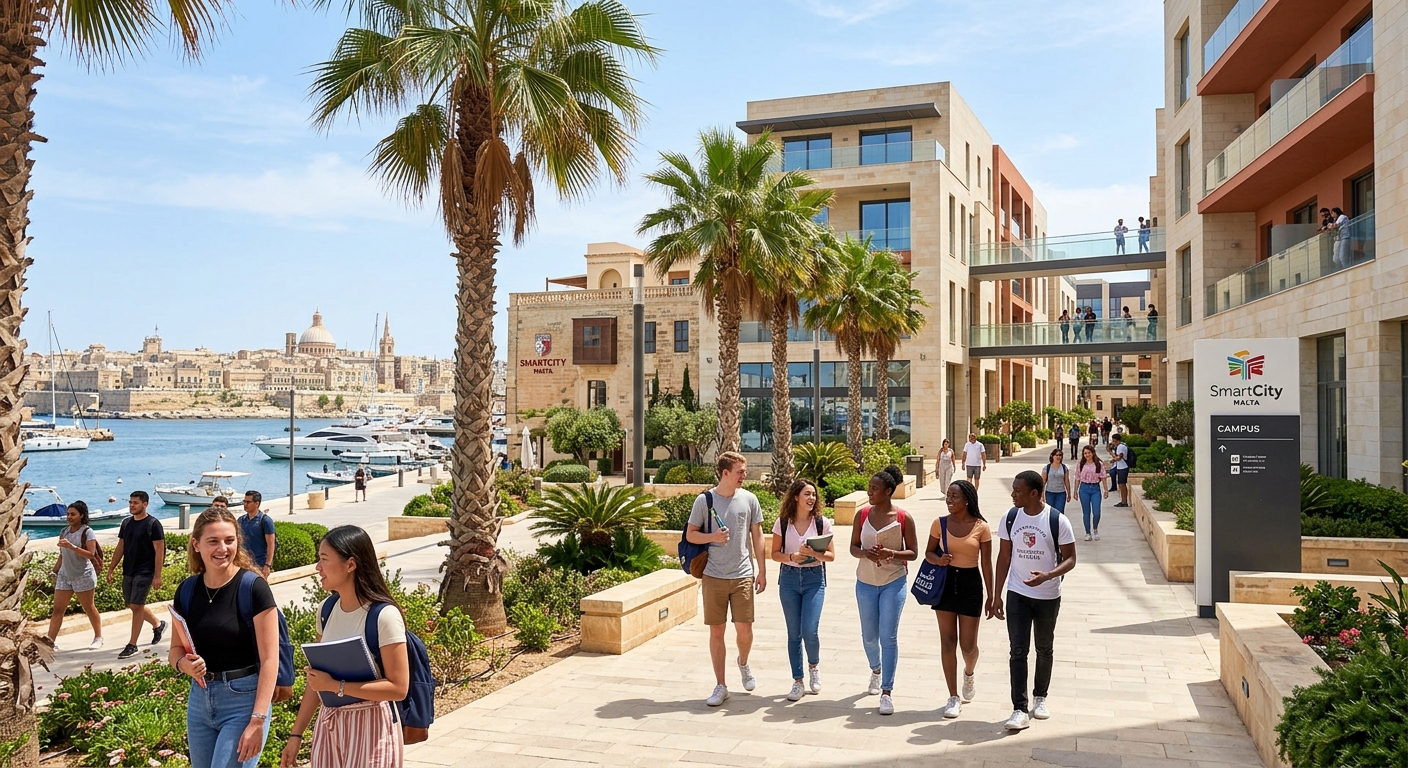 Modern SmartCity Malta campus building with Mediterranean architecture, palm trees, and international students walking along sunlit pathways near the harbour in Kalkara, Malta
