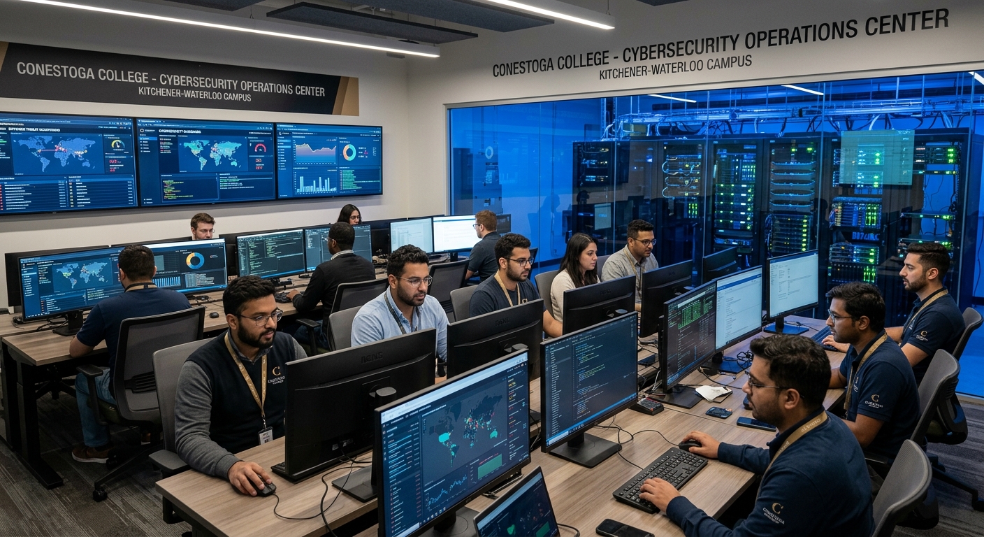Modern cybersecurity operations center at Conestoga College campus in Kitchener-Waterloo Ontario, students monitoring network security dashboards on multiple screens, blue-lit server room visible through glass wall, professional learning environment