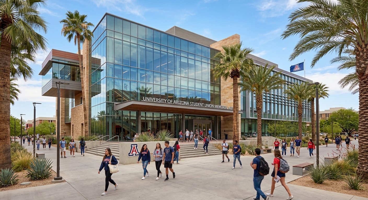 University of Arizona Student Union Memorial Center, modern architecture with glass walls, students walking on pathways, palm trees lining the entrance