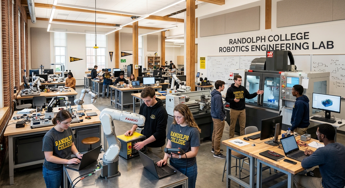 Modern robotics engineering lab at Randolph College with students operating robotic arms, CNC machines, and mechatronics equipment in the renovated Presser Hall facility, bright overhead lighting and collaborative workspace