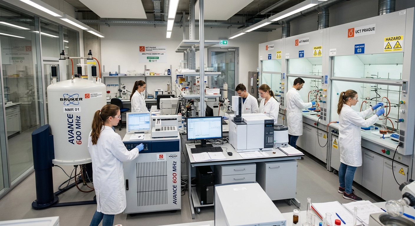 UCT Prague modern chemistry laboratory interior, students in white lab coats working with advanced analytical instruments, NMR spectrometers and fume hoods visible, bright fluorescent lighting
