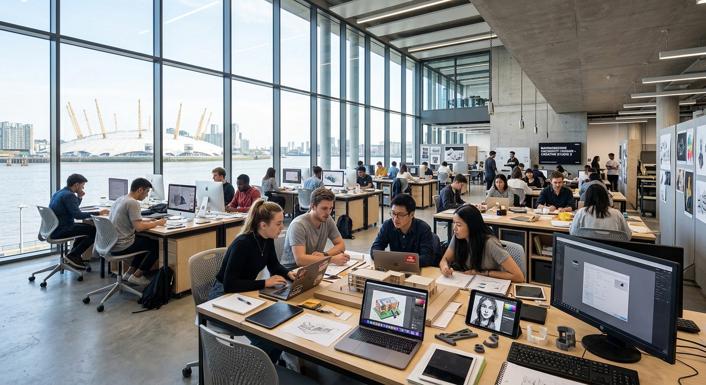 Interior view of Ravensbourne University London open-plan creative studio space with students working on design projects, natural light, modern furniture and digital equipment