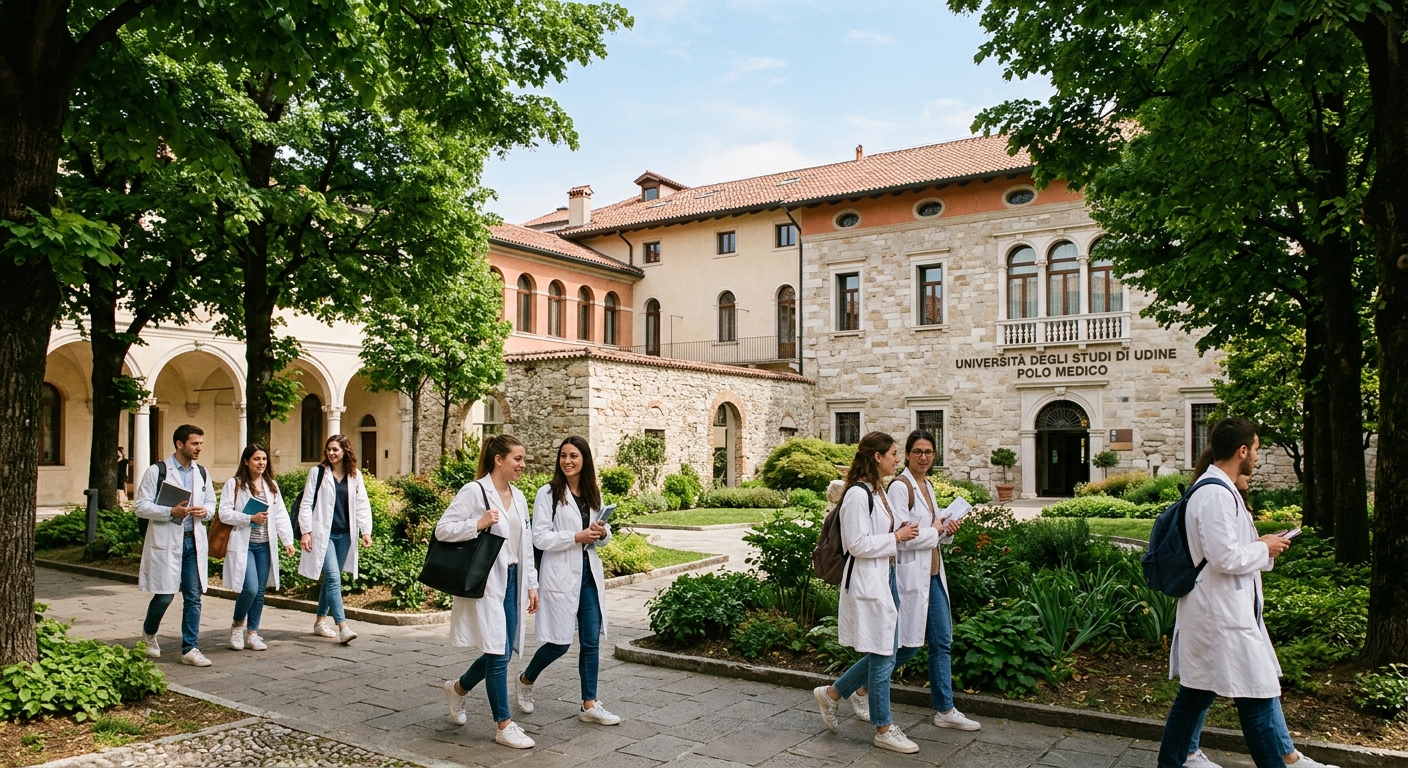 University of Udine medical campus building in Udine, Italy, with nursing students in white coats walking through a sunlit courtyard, historic Italian architecture in the background, green trees lining the pathway