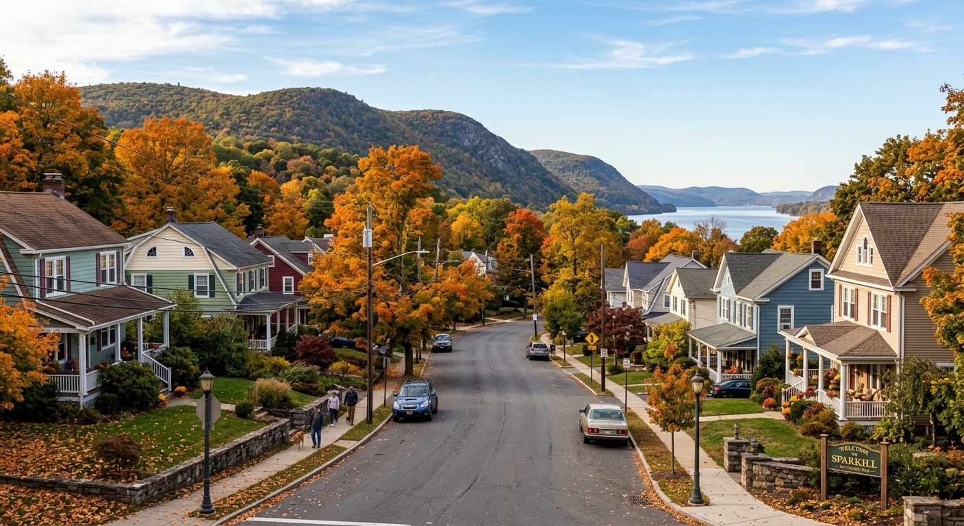 Scenic view of Sparkill New York hamlet in Rockland County, tree-lined streets with suburban homes, Hudson Valley hills in background, autumn foliage, peaceful small-town atmosphere near the Hudson River