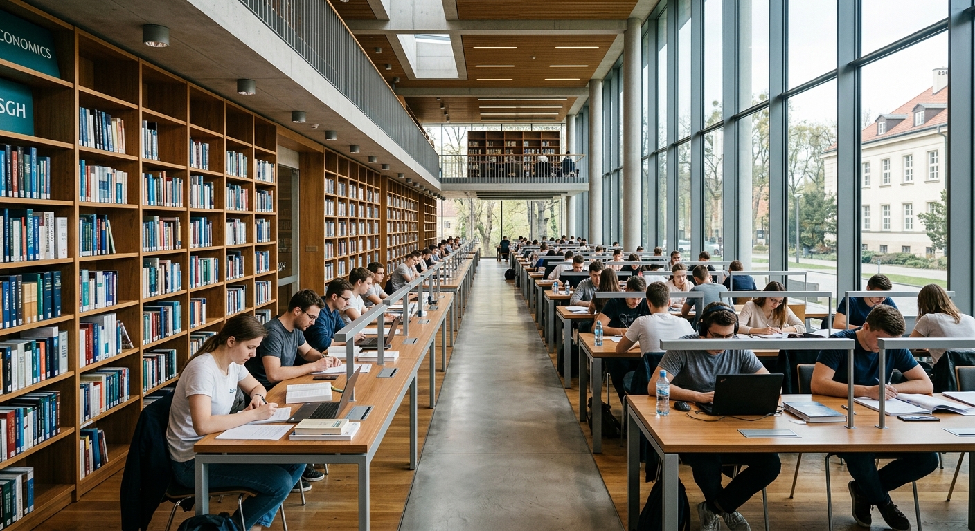 SGH Library interior, modern reading room with rows of study desks, tall bookshelves filled with economics volumes, natural light from large windows, students studying