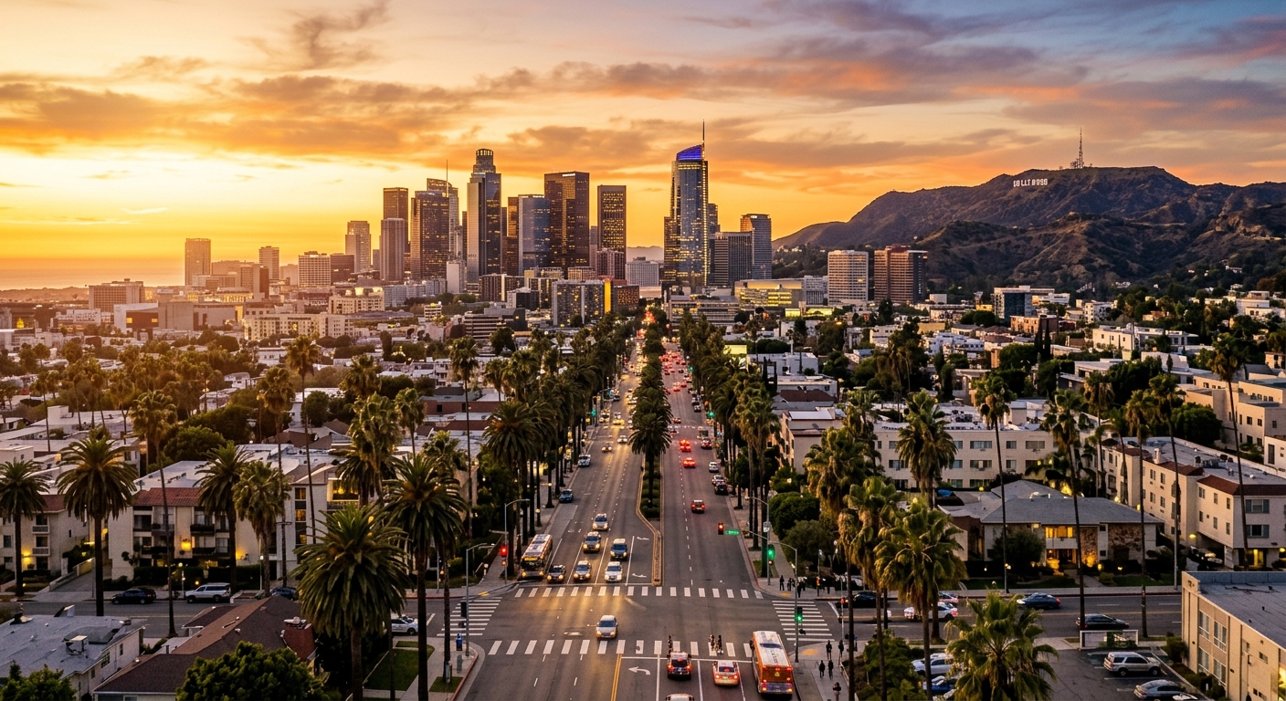 Los Angeles skyline at sunset with the downtown skyscrapers in the background, palm tree-lined boulevards, the Hollywood Hills visible in the distance, warm golden light illuminating the city