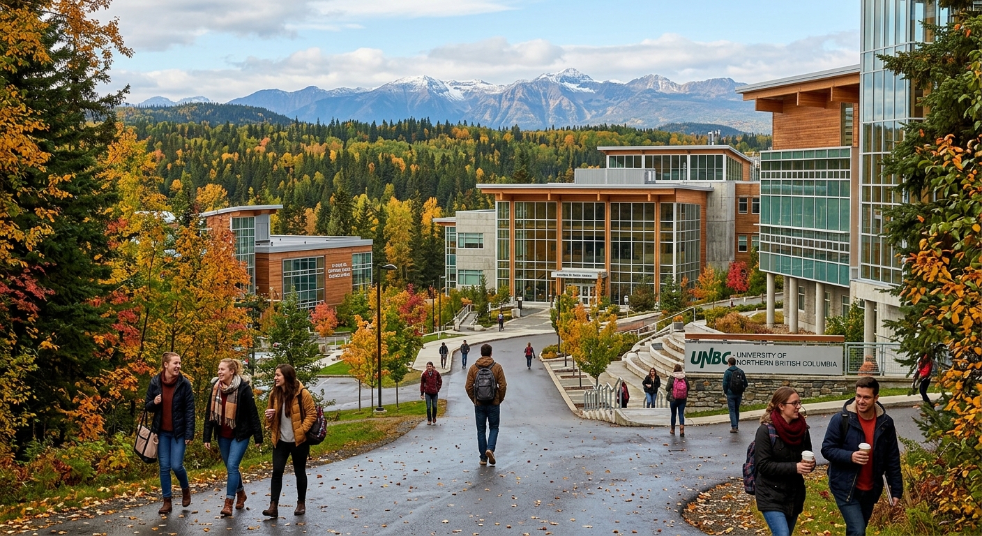 University of Northern British Columbia campus in Prince George surrounded by northern boreal forest with mountains in the background, modern academic buildings with large windows, students walking on pathways during autumn