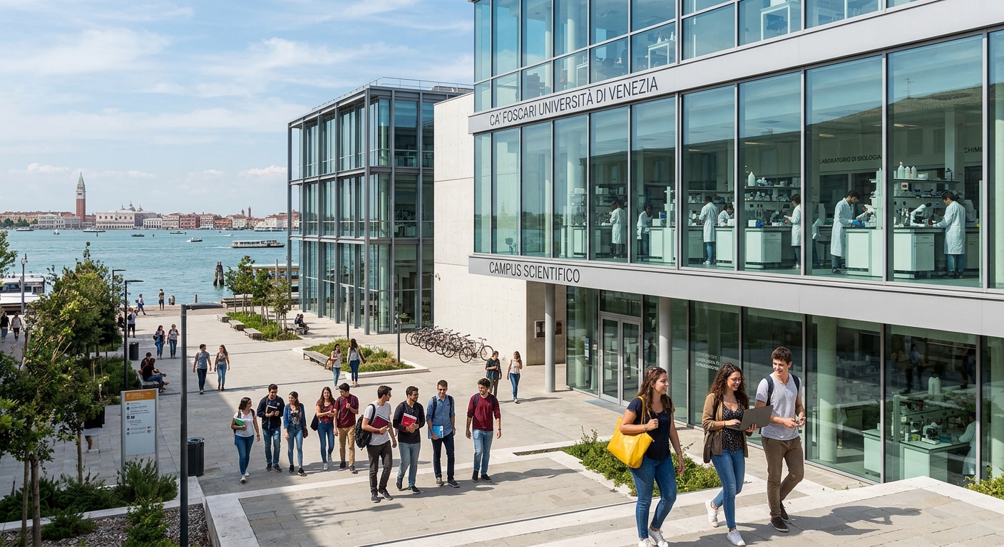 Modern scientific campus building at Ca' Foscari University of Venice with students walking near the Mestre campus, laboratory equipment visible through glass windows, Venetian lagoon in the background, bright daylight
