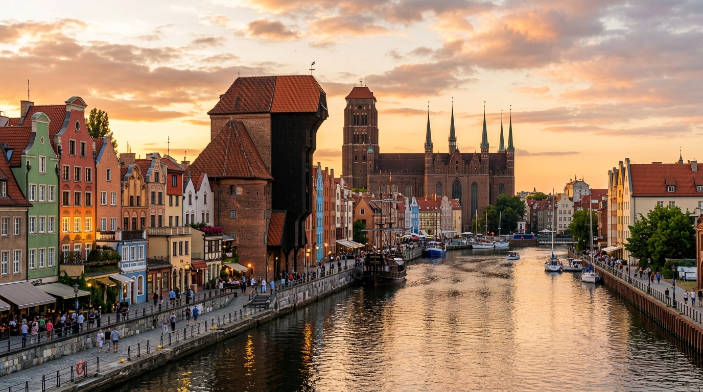 Gdansk Old Town panoramic view, colorful Hanseatic merchant houses along Motlawa River, medieval crane, St Mary's Church tower in background, golden hour lighting