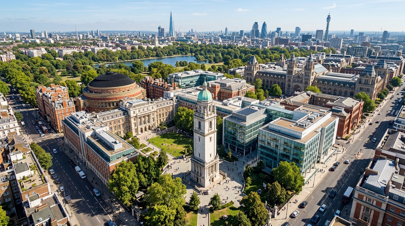 Aerial view of Imperial College London South Kensington campus with the Queen's Tower, modern glass buildings, and surrounding London cityscape on a clear day