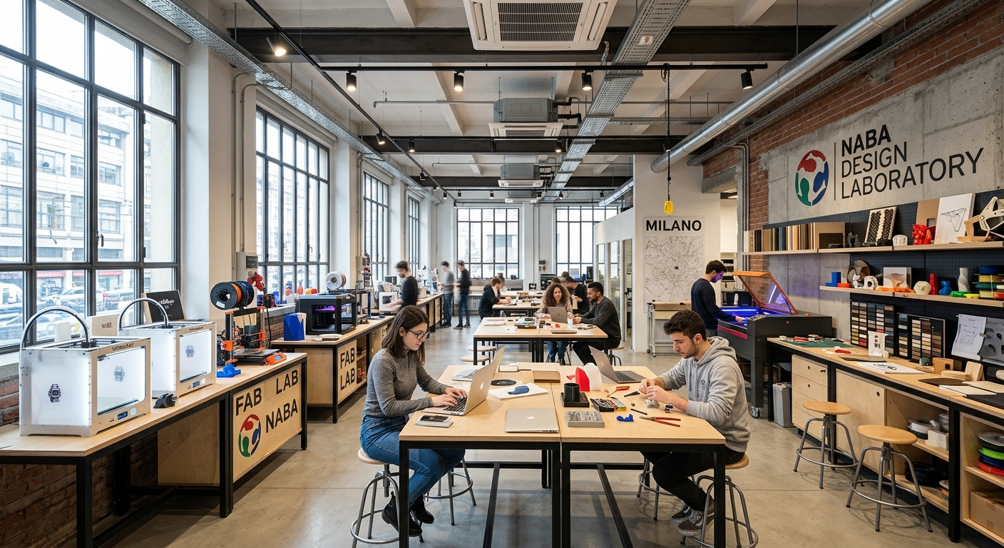 NABA design laboratory interior, students working at modern workstations with 3D printers and digital fabrication tools, bright open studio space with industrial ceiling