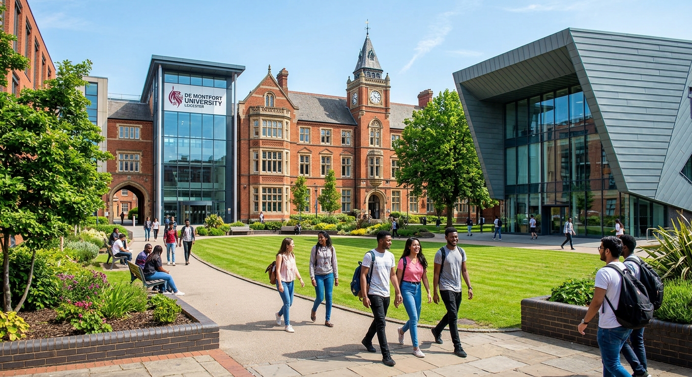 De Montfort University Leicester campus with modern academic buildings, students walking through green courtyard, historic and contemporary architecture blending together under a clear sky